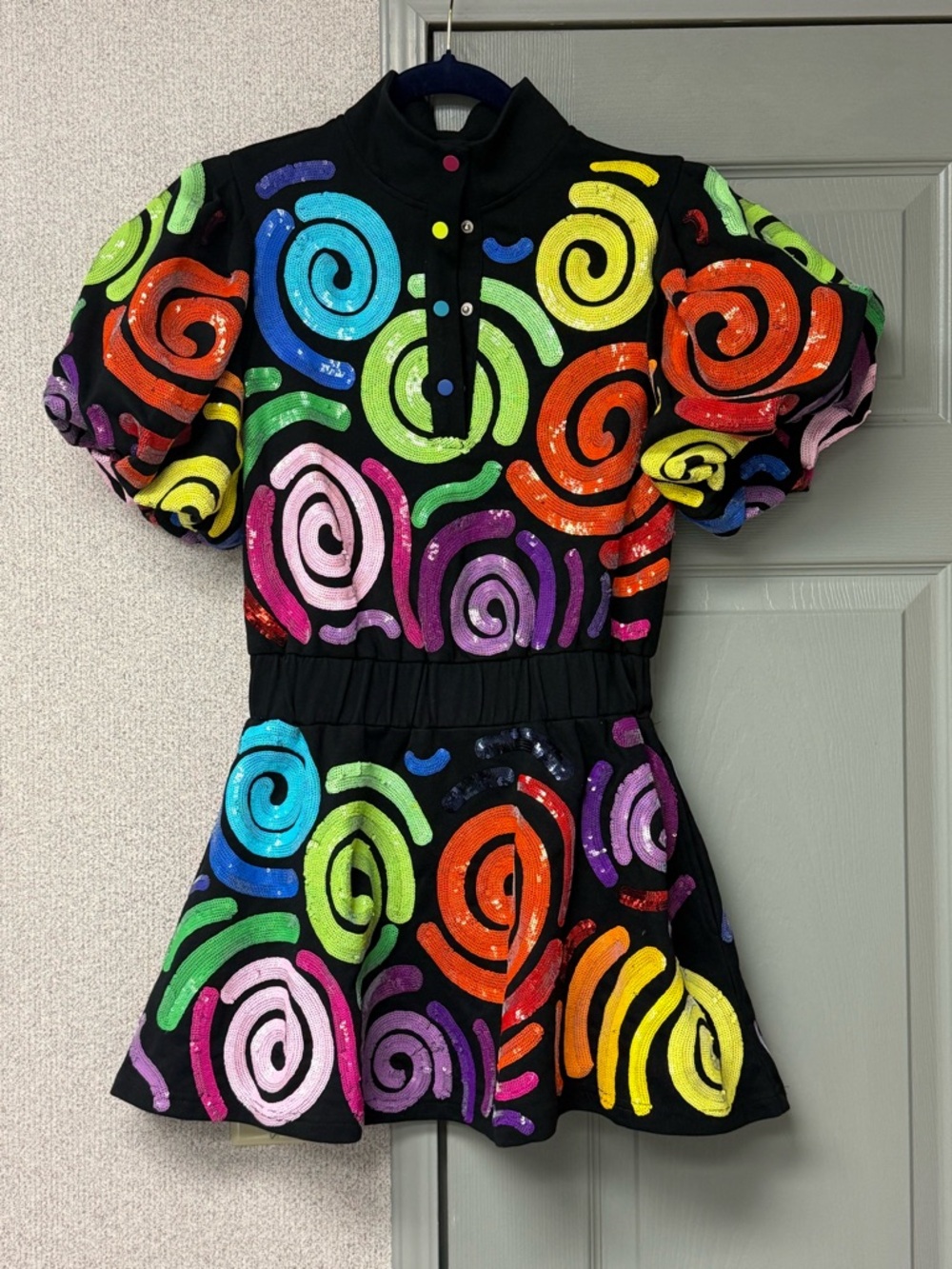 QUEEN OF SPARKLES Black Mini Dress with Multicolor Sequin Swirls